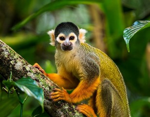 Fototapeta premium Squirrel monkey, Saimiri oerstedii, sitting on the tree trunk with green leaves, Corcovado NP, Costa Rica. Monkey in the tropic forest vegetation. Wildlife scene from nature. Beautiful cute animal.
