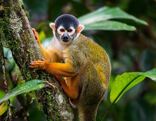 Obraz premium Squirrel monkey, Saimiri oerstedii, sitting on the tree trunk with green leaves, Corcovado NP, Costa Rica. Monkey in the tropic forest vegetation. Wildlife scene from nature. Beautiful cute animal.