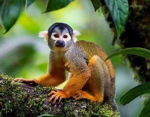 Squirrel monkey, Saimiri oerstedii, sitting on the tree trunk with green leaves, Corcovado NP, Costa Rica. Monkey in the tropic forest vegetation. Wildlife scene from nature. Beautiful cute animal.