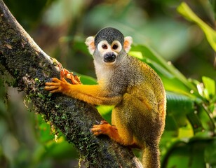 Squirrel monkey, Saimiri oerstedii, sitting on the tree trunk with green leaves, Corcovado NP, Costa Rica. Monkey in the tropic forest vegetation. Wildlife scene from nature. Beautiful cute animal.