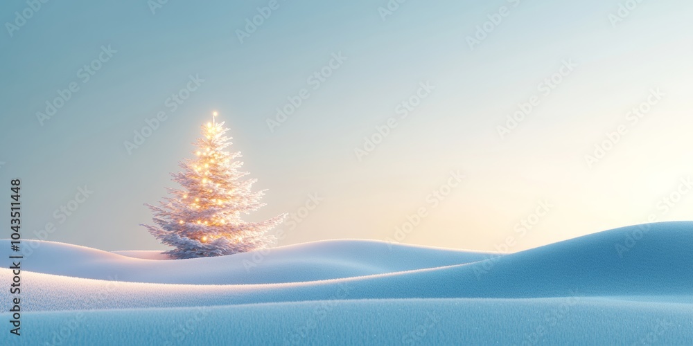Poster a dynamic 3d rendering of a snowy landscape with a glowing christmas tree, isolated on a bright back