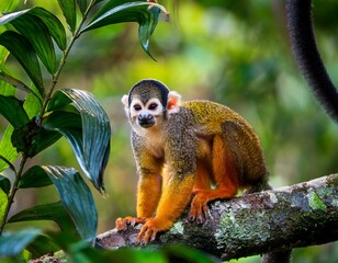 Obraz premium Squirrel monkey, Saimiri oerstedii, sitting on the tree trunk with green leaves, Corcovado NP, Costa Rica. Monkey in the tropic forest vegetation. Wildlife scene from nature. Beautiful cute animal.