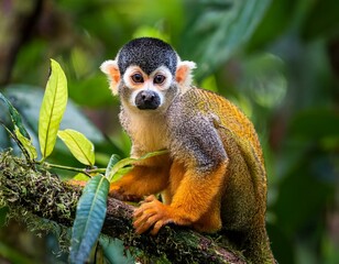 Fototapeta premium Squirrel monkey, Saimiri oerstedii, sitting on the tree trunk with green leaves, Corcovado NP, Costa Rica. Monkey in the tropic forest vegetation. Wildlife scene from nature. Beautiful cute animal.
