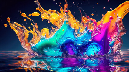 Colourful liquids creating splashes as they hit the water surface.
