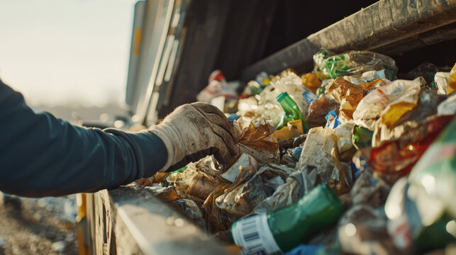 Close-up of hands loading trash into a truck, highlighting the essential aspect of waste disposal.