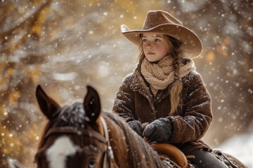 Fototapeta premium Young girl in cowboy attire rides horse through snowy forest