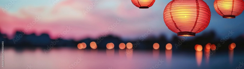 Poster colorful paper lanterns hang over a serene body of water at dusk, creating a festive and tranquil at