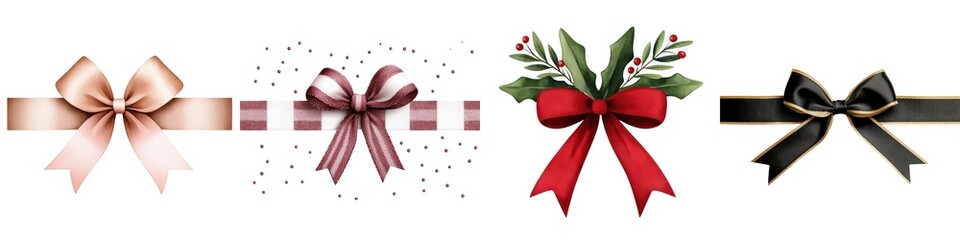 Collection of decorative gift bows in various colors on white isolated background.
