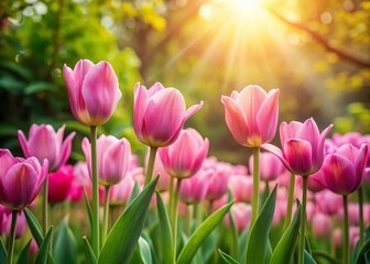 Fototapeta premium Beautiful Pink Tulips in a Lush Garden Setting for Stunning Product Photography
