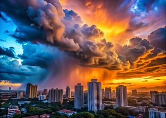 Fototapeta premium Beautiful Rainy Gray Pink Clouds at Sunset Over Skyscrapers - Thunderstorm Cumulus Clouds in Colorful Dawn Sky