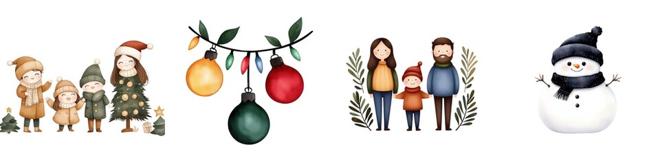 Fototapeta premium Colorful Christmas illustrations featuring family, decorations, and a snowman on a white background.