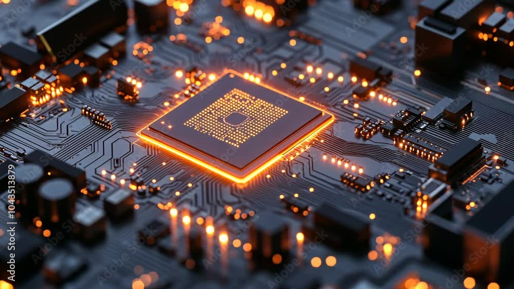 Poster a close-up of a computer chip with an orange glow, showing the intricate details of its circuitry