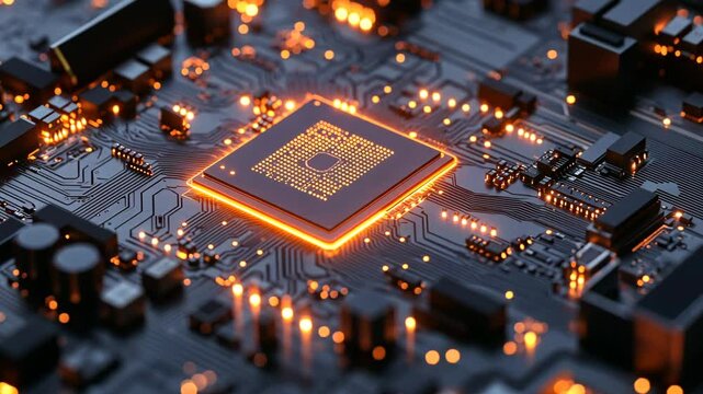 A close-up of a computer chip with an orange glow, showing the intricate details of its circuitry