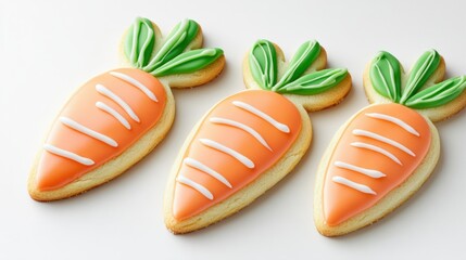 Obraz premium Carrot-shaped sugar cookies with orange icing and green leaves, perfect for Easter, isolated on white background