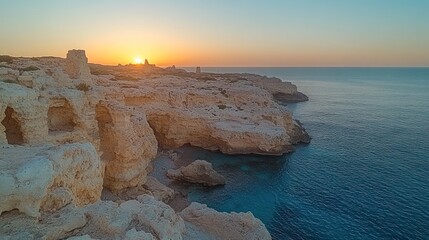 A scenic sunrise over the Mediterranean Sea, with rugged cliffs and ancient ruins in the foreground.