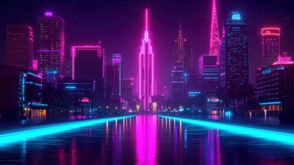 Fototapeta premium A vibrant neon-lit skyline with reflections in water, showcasing futuristic architecture and colorful lights against a night sky.