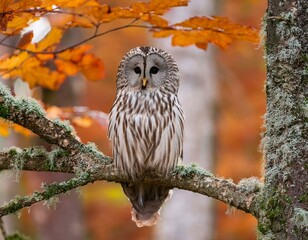 Barred Owl (Strix varia), among autumn foliage.