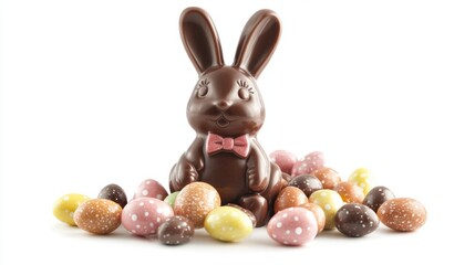 Chocolate Easter bunny with a bow tie, surrounded by candy eggs, isolated on white background