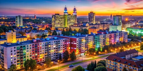 Bialystok City Architecture with Colorful Ceiling Lamps - Modern Skyscrapers and Urban Landscape