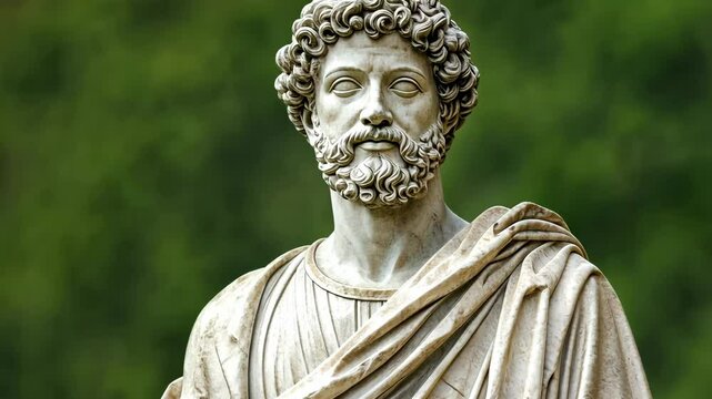 A marble statue of Marcus Aurelius stands against a green, out-of-focus background