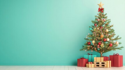 Fototapeta premium DIY Christmas tree made from recycled pallets and natural materials, rustic eco-friendly holiday decor, studio shot, soft lighting