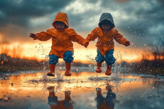 Two happy children wearing raincoats jumping in puddle at sunset