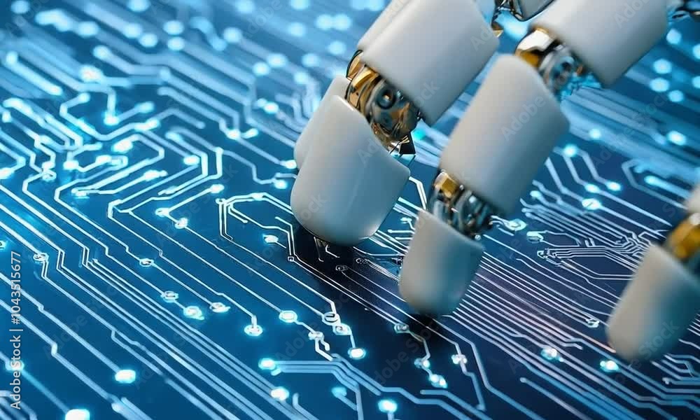 Aufkleber close-up of a robotic hand interacting with a futuristic circuit board, symbolizing advanced technol