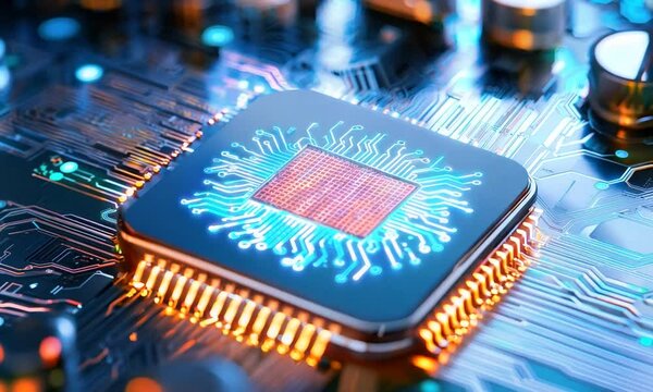 Close-up of a modern microchip on a circuit board, illustrating advanced technology and digital innovation in electronics.
