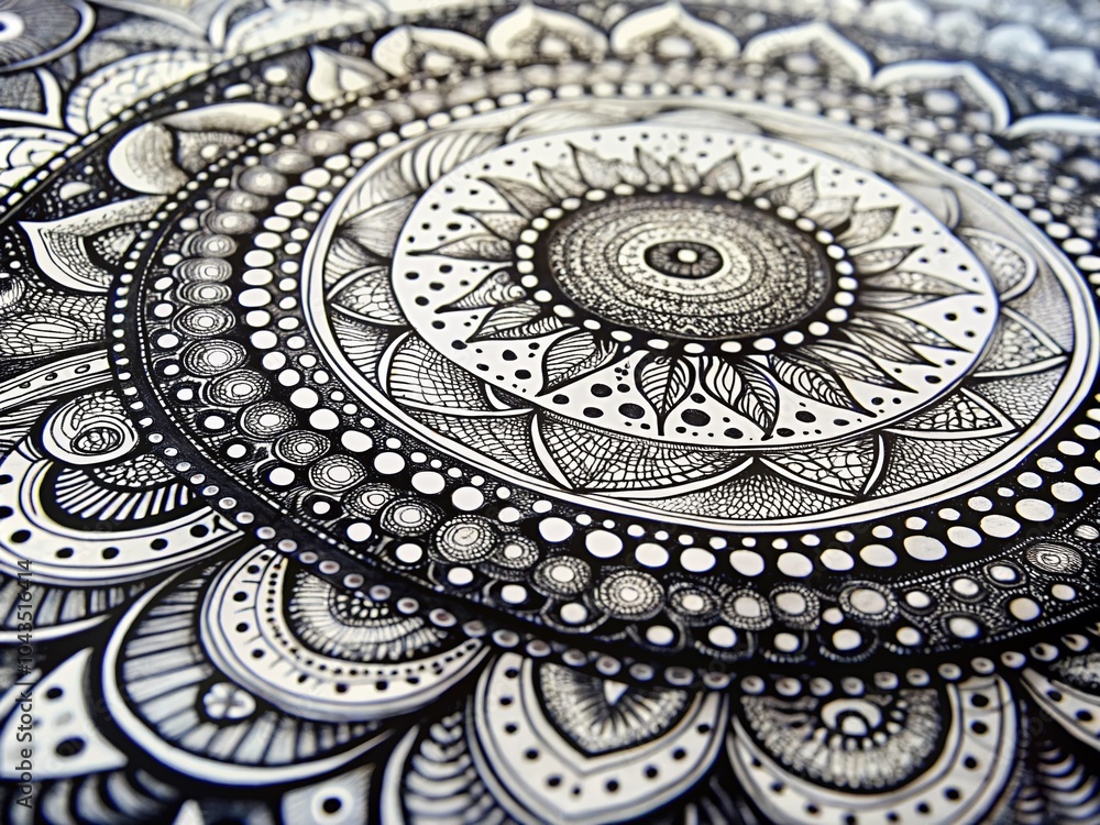 Poster black and white hand-drawn pattern of dots and arcs for abstract design and textiles