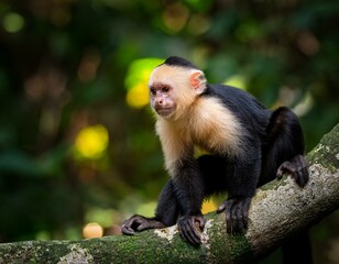 Fototapeta premium cute wild capuchin monkey jumping on palm trees in manuel antonio national park, Costa Rica, near quepos; Costa Rica wildlife in the rainforest 