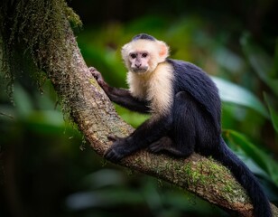Obraz premium cute wild capuchin monkey jumping on palm trees in manuel antonio national park, Costa Rica, near quepos; Costa Rica wildlife in the rainforest 
