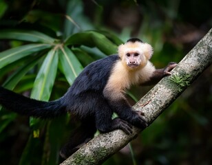 Fototapeta premium cute wild capuchin monkey jumping on palm trees in manuel antonio national park, Costa Rica, near quepos; Costa Rica wildlife in the rainforest 
