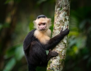 cute wild capuchin monkey jumping on palm trees in manuel antonio national park, Costa Rica, near quepos; Costa Rica wildlife in the rainforest 