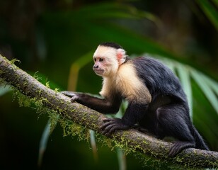 cute wild capuchin monkey jumping on palm trees in manuel antonio national park, Costa Rica, near quepos; Costa Rica wildlife in the rainforest 