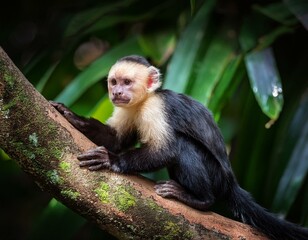 cute wild capuchin monkey jumping on palm trees in manuel antonio national park, Costa Rica, near quepos; Costa Rica wildlife in the rainforest 