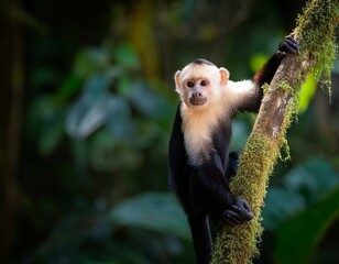 Naklejka premium cute wild capuchin monkey jumping on palm trees in manuel antonio national park, Costa Rica, near quepos; Costa Rica wildlife in the rainforest 