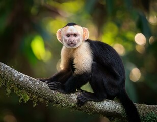 cute wild capuchin monkey jumping on palm trees in manuel antonio national park, Costa Rica, near quepos; Costa Rica wildlife in the rainforest 