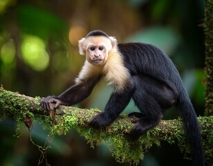 cute wild capuchin monkey jumping on palm trees in manuel antonio national park, Costa Rica, near quepos; Costa Rica wildlife in the rainforest 