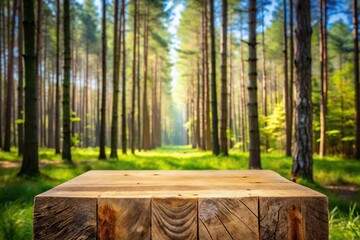 Rough hewn wooden stand in front of forest background