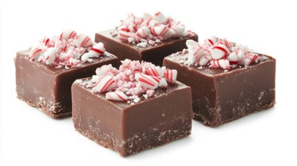 Christmas peppermint fudge squares with crushed candy cane toppings, isolated on white background