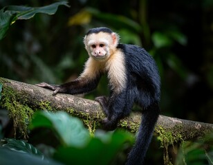 cute wild capuchin monkey jumping on palm trees in manuel antonio national park, Costa Rica, near quepos; Costa Rica wildlife in the rainforest 