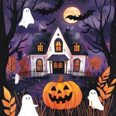 Whimsical Halloween Scene with Haunted House Ghosts Bats and Jack-o'-Lantern