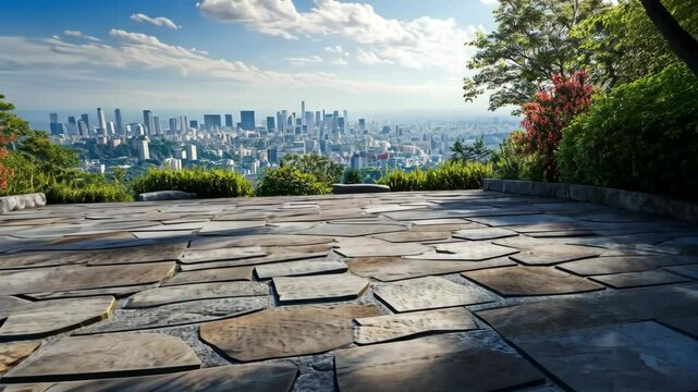 A stone patio overlooks a sprawling cityscape on a sunny day
