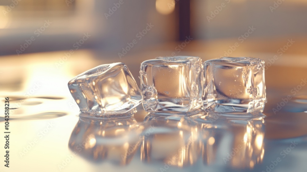 Poster a few translucent ice cubes placed on a shiny glass surface, with light reflecting and refracting th