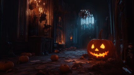 Haunted Mansion with Jack-o'-Lantern, Scattered Papers, and Candles