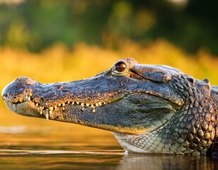 Fototapeta premium Portrait of Yacare Caiman in blue water of Cano Negro, Costa Rica.
