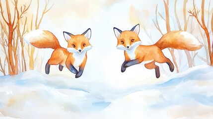 Fototapeta premium Two playful foxes bounding through freshly fallen snow in a peaceful winter forest, soft watercolor shades of white and amber blending seamlessly