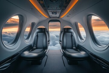 Fototapeta premium Experience Luxury Travel: Discover the Elegant Interior of a Private Jet with Stunning Cloud Views