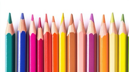 A neatly arranged line of sharpened colored pencils placed on a pure white background