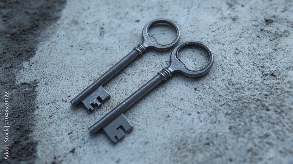 Poster a set of simple metal keys lying on a smooth concrete surface
